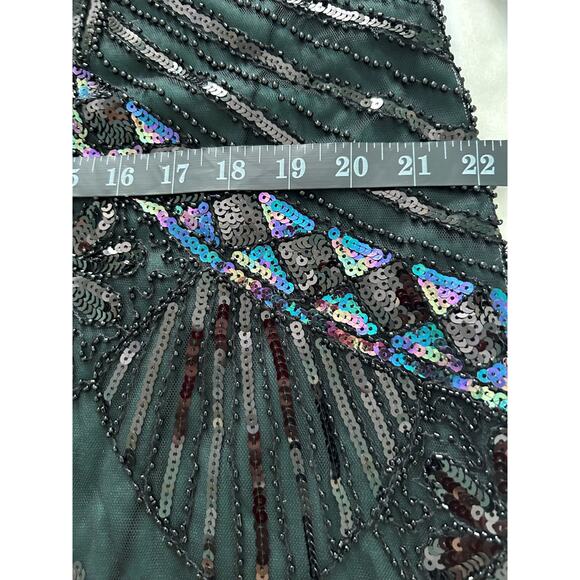 Retro Stage 1920s Fringe Flapper Beaded Sequins Black and Green Midi Dress -XL - Picture 8 of 9